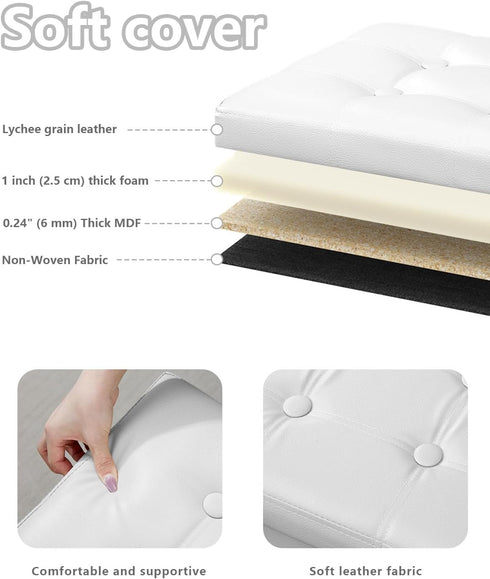 17x13x13in,White Bsketa Folding Storage Ottoman, Foot Stool with Thicker Foam Padded Seat Small Leather Storage Ottoman