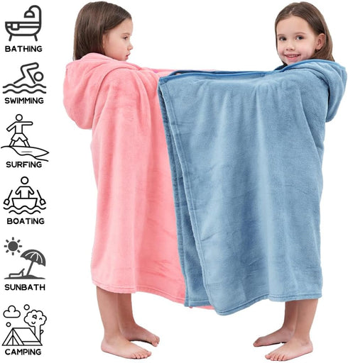 2Pcs 50"x30" 3-12 Hiturbo Kids Fleece Hooded Towel: Soft Plush Warm Blanket - Pool Beach Bath Swim Towel Wrap for Yrs