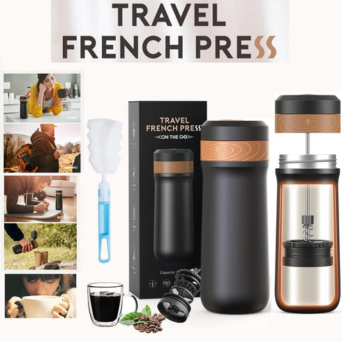 Classic Portable French Press Coffee Mug, 12 oz Stainless Steel Coffee Maker with Carry Loop