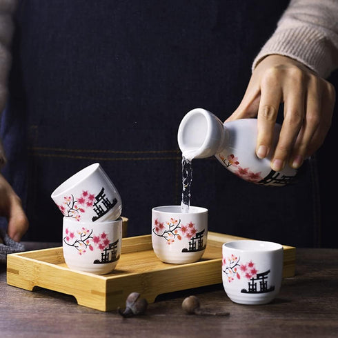 Old Craftsmen's 5 Pcs Japanese Sake Set, 200ml Sake Bottle and 50ml Cup Set, Traditional Hand Painted Design