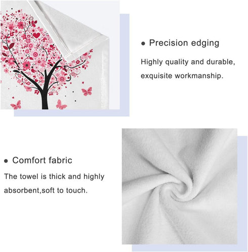 Set 3 Sets Pfrewn Pink Flowers Heart Tree Towels of Romantic Love Spring Trees Butterfly Bathroom Towel Soft Absorbent