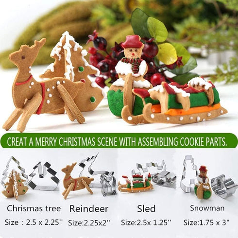 Gingerbread House Cookie Cutter Set, 3D Stainless Steel Biscuit Cutter Mold Including Christmas Tree, Snowman,