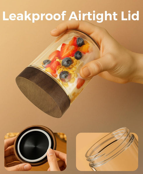 8 Pack 16oz 10oz and Overnight Oats Containers with Lids, Glass Mason Jars with Acacia Wood Airtight Lids, Wide Mouth