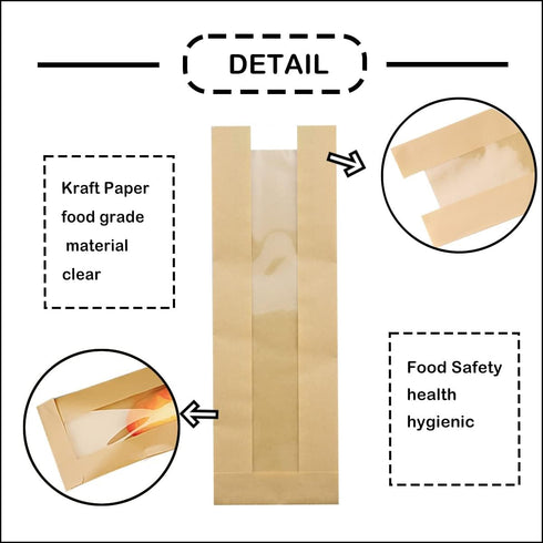Farsheo 50Pcs Packaging Sticker(14 4.4 1.6 Inche French Bread Bags Bakery Bags with Window Kraft Paper Loaf Bread