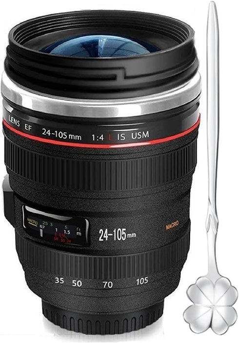 Camera Lens Coffee Mugs, Stainless Steel Lens Cups with Four Leaf Clover Spoon, Novelty Gifts for Photographers