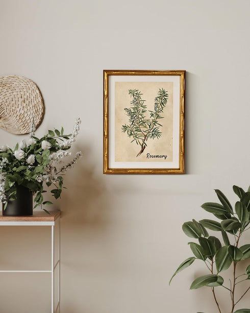 11x14inch InSimSea Gold Bamboo Framed Canvas Wall Art, Retro Herbs Rosemary Botanical Paintings, Antique Vintage
