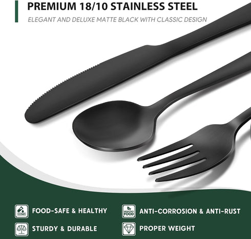 Hiware 48-Piece Matte Black Silverware Set, Stainless Steel Cutlery Set for 8 with Steak Knives