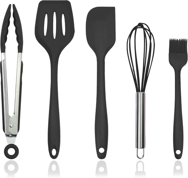 5 Pcs Silicone Kitchen Utensils Set with Holder, Heat Resistant Gadgets Tools for Nonstick Cookware, Dishwasher Safe