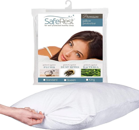 SafeRest Pillow Protector - Standard Size Waterproof Pillow Cover, Pack of 1 - Zippered Encasement for College Dorm