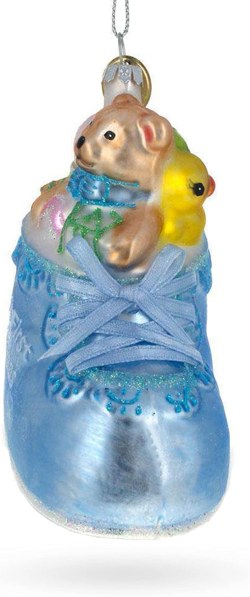 Baby's First Glass Christmas Ornament - Teddy Bear Nestled in a Blue Shoe