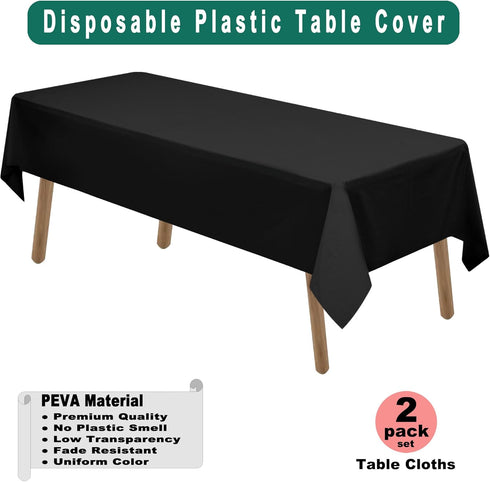 Black Plastic Tablecloths PARTY ULYJA, 2 Pack Disposable Table Covers 54 x 108 Inch for Parties