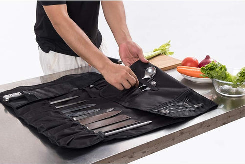 HERSENT Chef Knife Roll Bag with 17 Slots, Holds 13 Knives, 1 Meat Cleaver, Durable with Handle & Shoulder Strap
