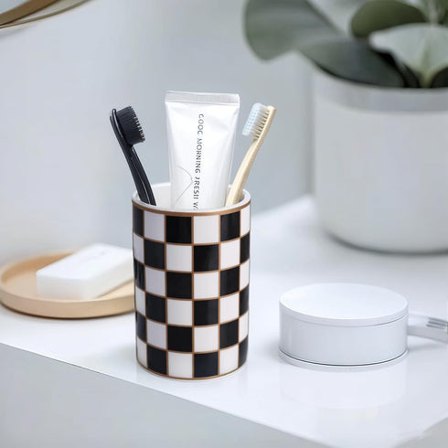 countertop Checkered Bathroom Toothbrush Holder, Bathroom Black and White Ceramic Toothbrush Holder, Modern Toothbrush