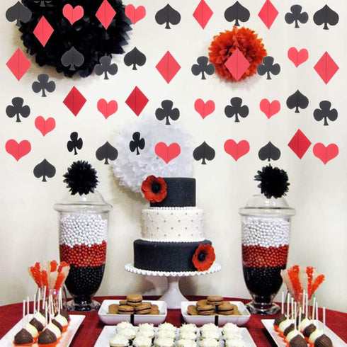 MOWO Casino Paper Garland Hanging Decoration, Las Vegas Theme, 3'' Diameter, 10-feet (Black, Red, 2pc)