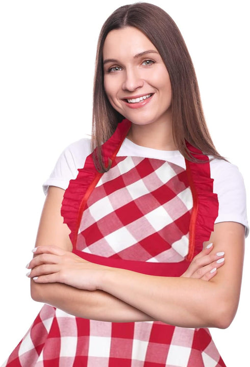 Violet Mist Red Plaid Vintage Apron for Women - Cute Ruffle Frilly Kitchen Apron, Retro 50s Style for Cooking