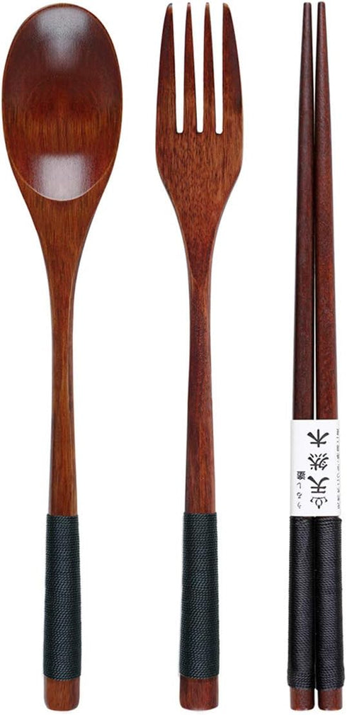 Wooden Chopsticks Spoon Fork Set Japanese Style Tableware Travel Utensils with Pouch for Camping,Picnic,Office or Home (Style A) by Yinuoday
