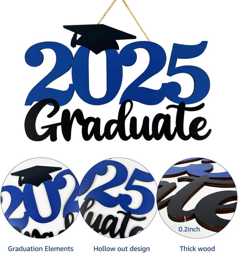 2025 Graduation Party Decorations Wooden Sign, Blue Class of 2025 Photo Booth Props for Graduation Party Supplies