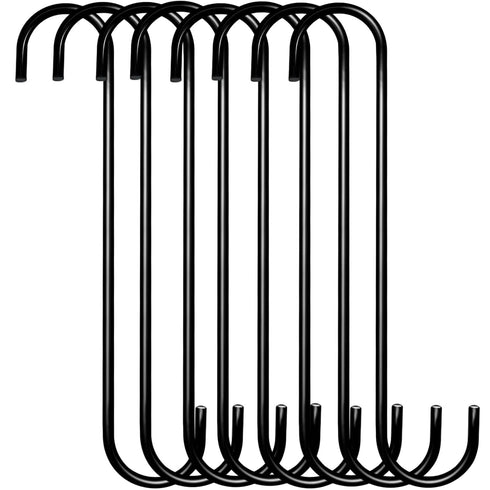 8 Pack Extra Large 10 inch S Hooks for Hanging, Heavy Duty Black Long S Hooks for Plants, Baskets, Indoor Outdoor