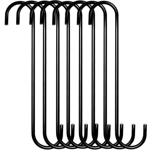 8 Pack Extra Large 10 inch S Hooks for Hanging, Heavy Duty Black Long S Hooks for Plants, Baskets, Indoor Outdoor
