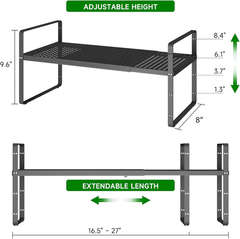 Expandable Kitchen Cabinet Shelf Organizer Rack - Heavy Duty Metal Spice Rack for Kitchen Counter Storage (Black -