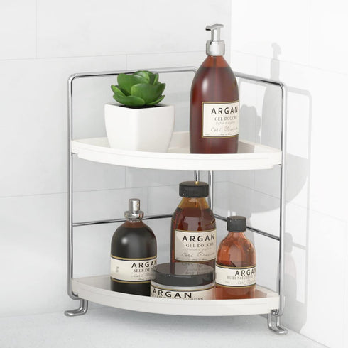 FSyueyun 2-Tier Corner Bathroom Counter Organizer, Tool-less Installation Vanity Shelf for Skincare, Makeup Tray