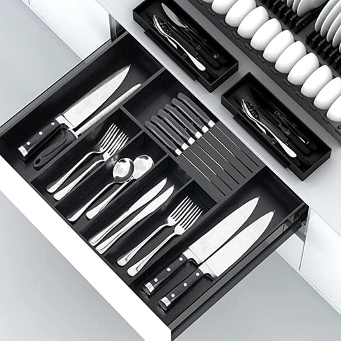 VaeFae Bamboo Silverware Drawer Organizer, Expandable Utensil Tray with Knife Block, Multifunctional Wooden Divider