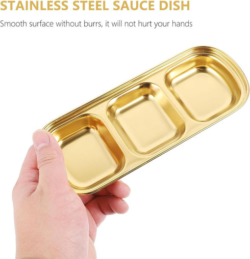 DOITOOL 2Pcs Stainless Steel Dipping Bowls, 3 Compartment Appetizer Serving Tray for Soy Sauce, Ketchup, BBQ (Gold)