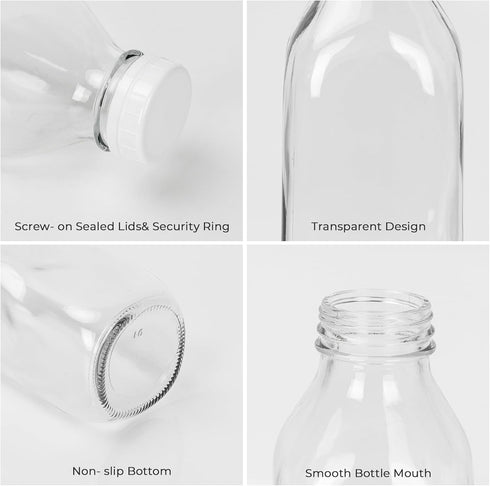 DHSBTLS 4 Pcs Glass Milk Bottles - 33.8 Oz Reusable Containers with Lid for Fridge, Airtight Heavy Duty Juice Jar