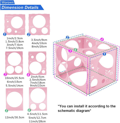 Worown 18 Holes Large Collapsible Pink Plastic Balloon Sizer Box, 1-12 Inch Measurement Tools for Balloon Decorations