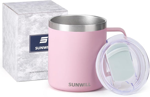 SUNWILL Insulated Coffee Mug - 14 oz Stainless Steel Travel Tumbler with Lid, Powder Coated Sakura