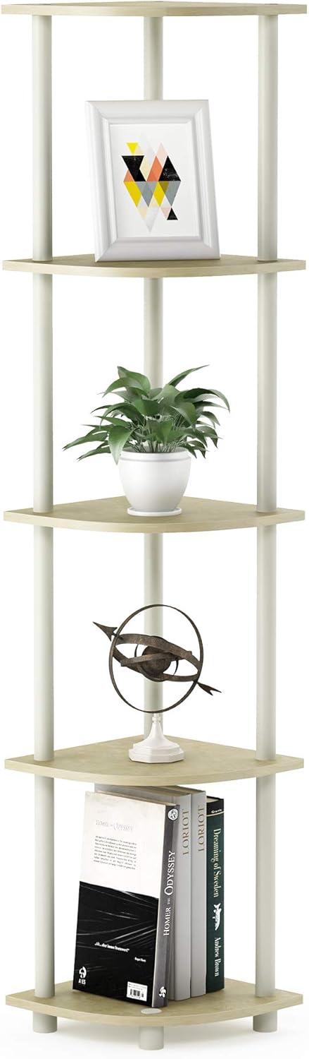 Furinno Turn-N-Tube 5 Tier Multipurpose Shelving Unit, Corner Display Rack, 1-Pack, Cream Faux Marble/White