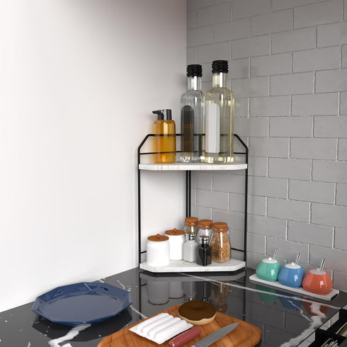 INIUNIK Counter 2 Counter Countertop Corner Bathroom Organizer - Tier Wood Vanity Shelf Perfume Skincare Holder, Corner