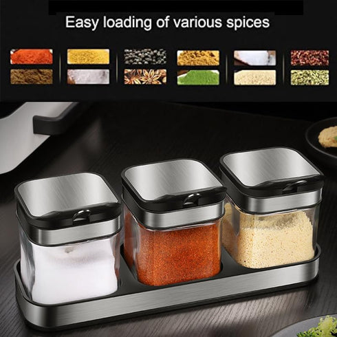 304 Set 3 Counter, Condiment Jar Spice Container with Stainless Steel Lids and Spoons,Clear Glass Condiment Canisters