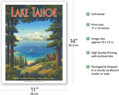 Lake Tahoe California Vintage Travel Poster, Riding Boating Swimming Fishing Hiking Golf, 11x14in Fine Art Print