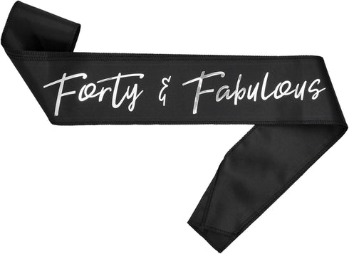 BLUE PANDA - 40th Birthday Sash and Tiara for Women, Forty and Fabulous Party Decorations (Black Satin)
