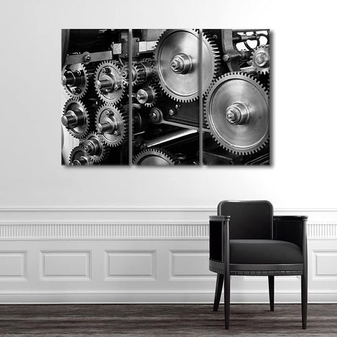Pictures for Living Room - Black and White Gear Engine Artwork 3 Piece Canvas Prints Framed Wall Art House Decor 42"