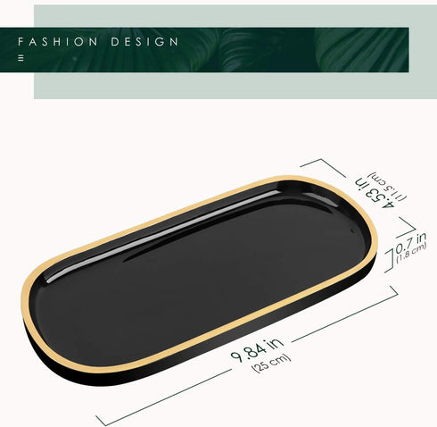 Jewelry Organizer Tray, Oval Resin Dish for Bathroom Kitchen Dresser, Ring Holder Cosmetic Organizer - Black & Gold