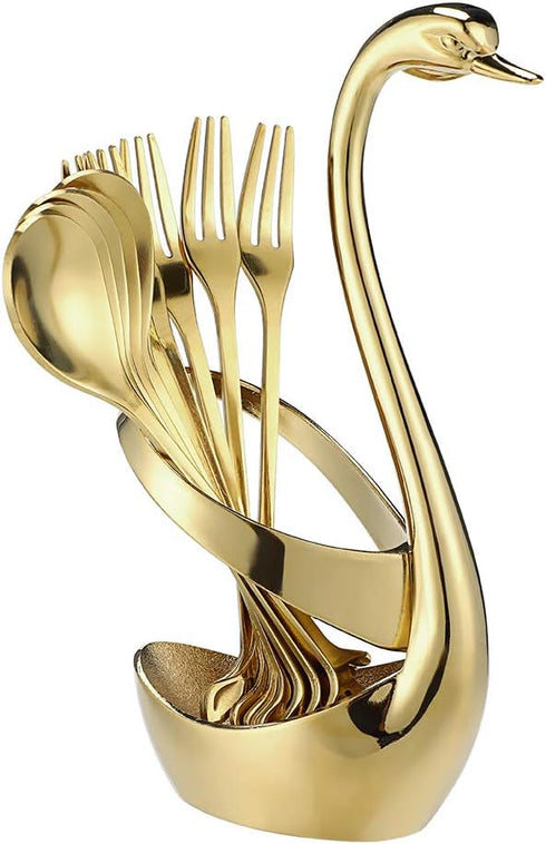 AnSaw Gold Swan Base Holder Set with 10 Pcs Mini Leaf Teaspoons & Dessert Forks - Perfect for Appetizers, Salads