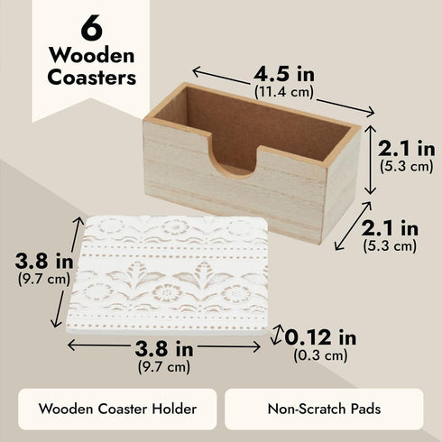 Set 6-3.8 Juvale Wooden Coasters of in, White, Square, Farmhouse Style - Coaster Holder for Coffee Table & Bar Decor