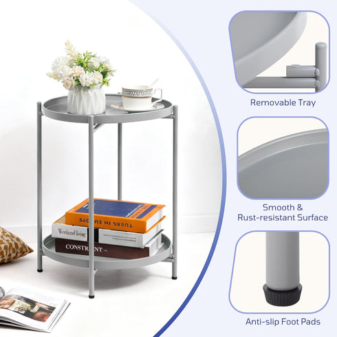 2-Tier HollyHOME Round Side Table, Outdoor Small Folding Accent Stand with Removable Tray, Anti-Rust Metal Asional