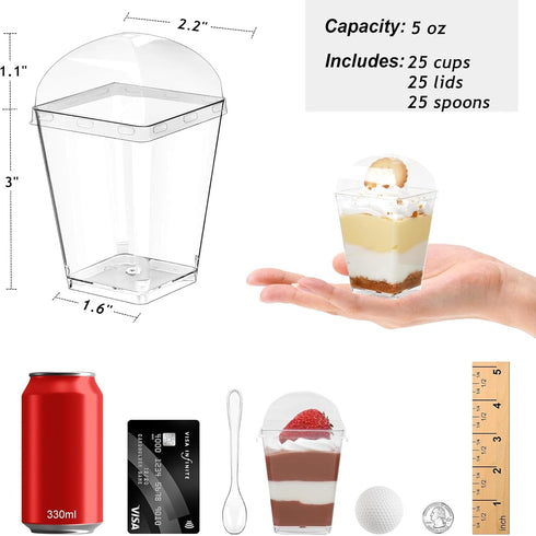 25 Pack 5 oz Zezzxu Dessert Cups with Dome Lids and Spoons, Plastic Pudding Cups with Lids Mini Parfait Shooter Cups