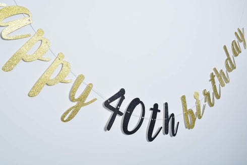 Happy 40th Birthday Banner, Pre-Strung Decorations for 40th Birthday Party (Gold & Black Glitter)