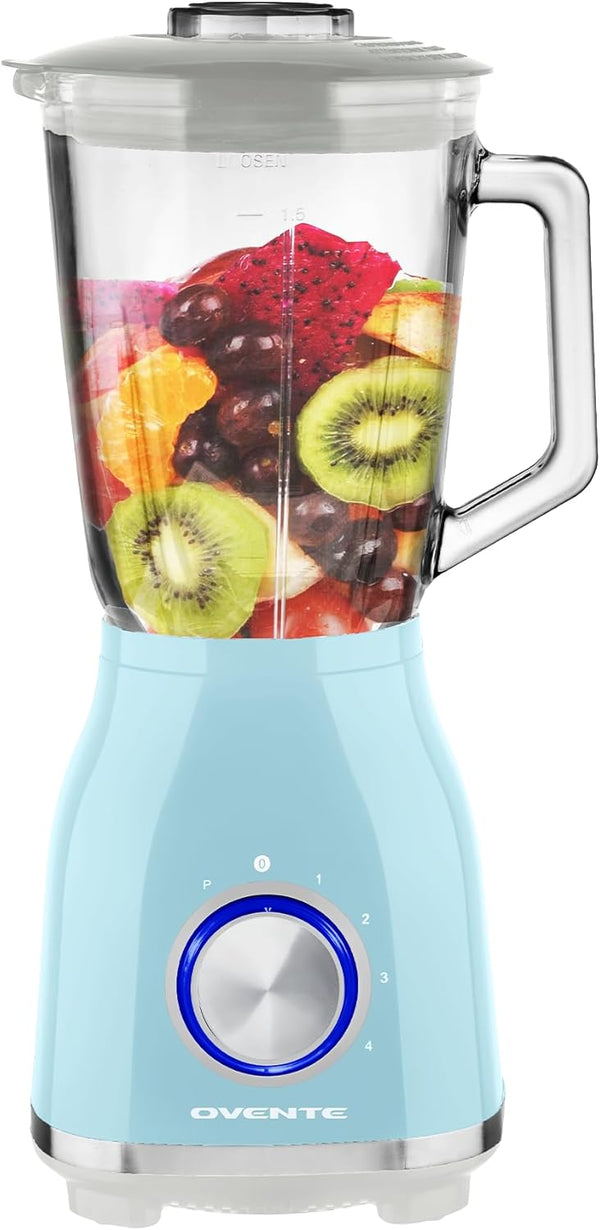 OVENTE Countertop Kitchen Blender - 550 Watts, Stainless Steel Blades, 50oz Glass Jar for Smoothies & More, Blue