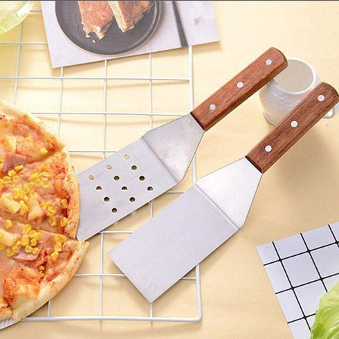 High-grade Stainless Steel Wooden Handle Frying Shovel Kitchen Dish Pizza Paddle Baking Cake, Cheese, Grill Food - 3