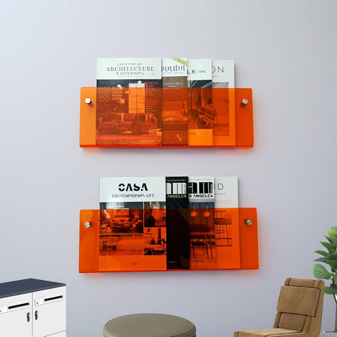 2 Pack Orange Acrylic Magazine Holder, Wall Mount Hanging Bookshelf Literature Storage Rack, Brochure File Display