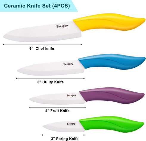 Updated Version Ceramic Knife Set 4-Piece with Sheaths (Includes 3" Paring Knife, 4" Fruit Knife, 5" Utility Knife)