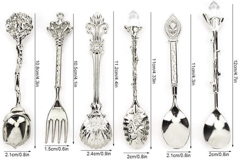Fdit 6Pcs/Set Vintage Carved Coffee Spoon Teaspoon Retro Zinc Alloy Dessert Coffee Tableware Spoons Cutlery Kitchen(Silver)