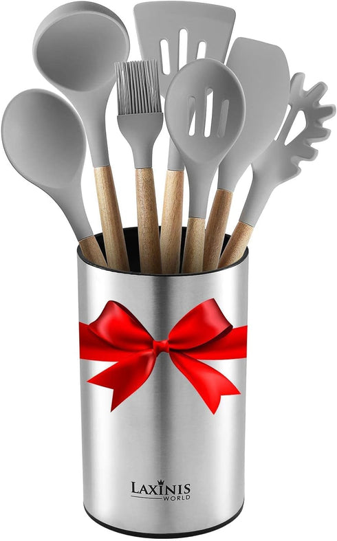 Stainless Steel Kitchen Utensil Holder, Round Shape Utensils Crock, 7" by 4.3" (utensils not included)