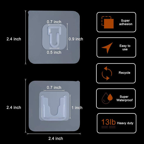 Double Sided Adhesive Hooks - 20 Pack + 4 Pack Wall Hanger Holder, 13.2lb Max for Bathroom, Kitchen, Office