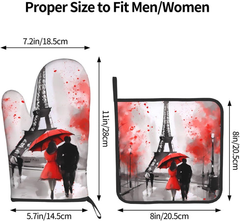 Oven Mitt and Pot Holders 2 Sets, Non-Slip BBQ Gloves with Eiffel Tower Flower Kitchen Design